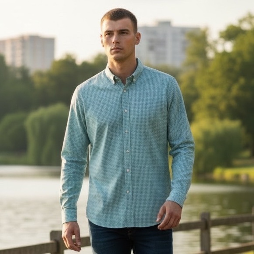 Robert Graham Mens Tailored Fit XL Teal Green Mini Check Button Down Shirt